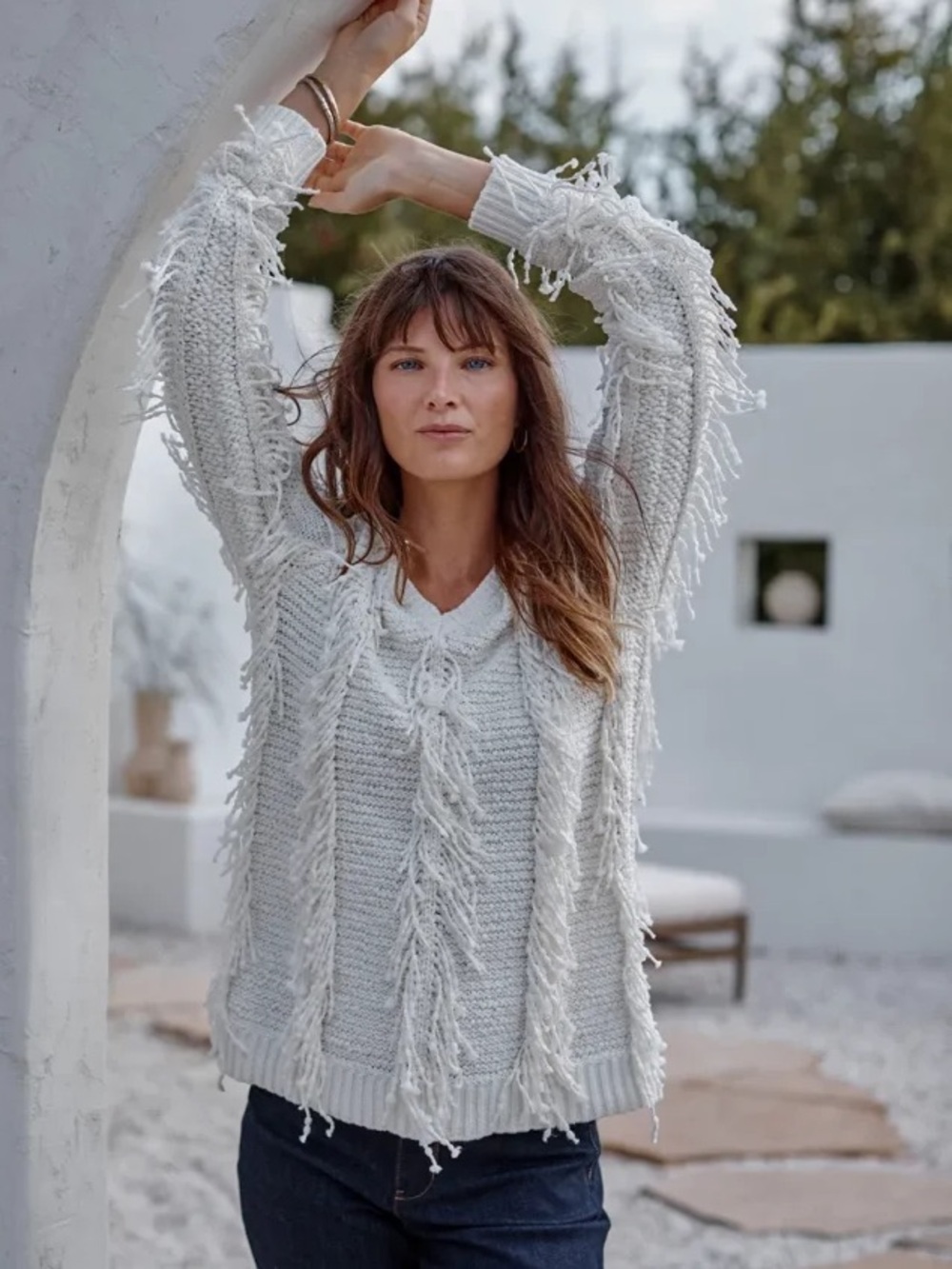 J. Jill Ivory Fringe Pullover Sweater Boho Knit V-Neck Cream Textured Lagenlook